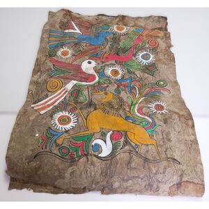 Vintage Mexico Folk Art Amate Bark Painting Birds Animals Design Bright Colors
